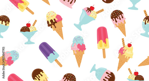Delicious seamless pattern featuring an array of colorful ice creams, including cones, popsicles, and sundaes, adorned with sprinkles and cherries, perfect for summer treats.