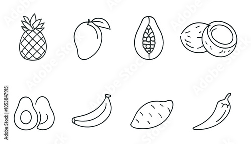 Tropical fruits outline icons on gray background featuring pineapple, mango, papaya, coconut, avocado, banana, sweet potato, chili