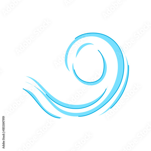 Stylized light blue spiral of flowing lines symbolizing wind, breeze and air currents, dynamic, modern vector graphic on a clean white background for weather, climate and motion themes