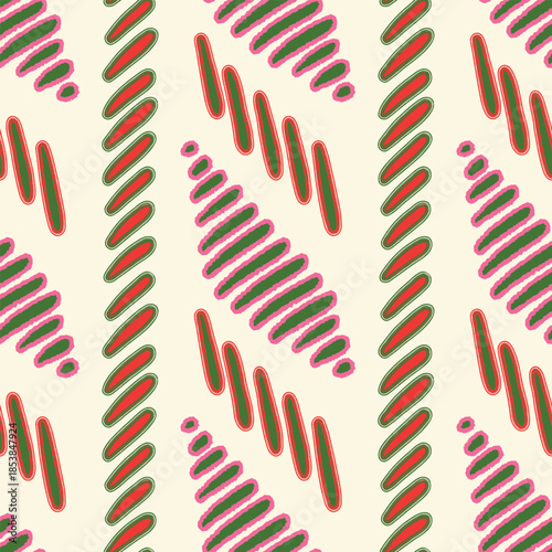 Abstract festive vector seamless pattern. Diagonal hand drawn shapes, strokes and pink outlines on light cream background. Vibrant modern holiday repeat tile for Birthday, Christmas, wrapping, print
