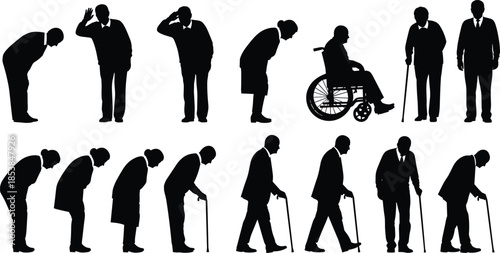 Elderly posture silhouette vector set, aging stages and mobility decline, cane and wheelchair poses, black human figure design