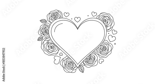 Elegant outline heart shape beautifully framed by delicate roses and tiny hearts, creating a romantic and decorative floral motif in black and white.