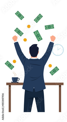 Successful businessman celebrating financial success with money falling.