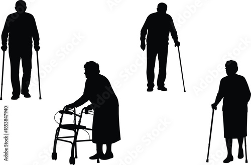 Elderly silhouettes, mobility aids, crutches, walker, cane, senior care, accessibility illustration, aging support, healthcare design, geriatric art