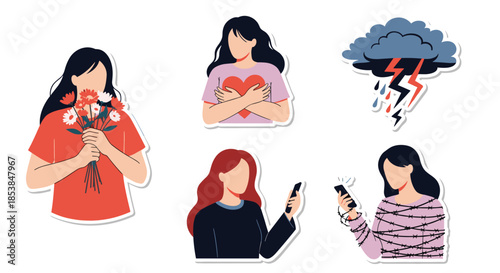 Comprehensive set of six expressive stickers illustrating a woman's emotional spectrum, from joy and self-care to distress and challenges from modern life.