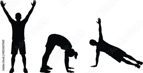 Exercise silhouettes, fitness poses, stretching, side plank, warm‑up, balance, strength training, flexibility art, workout illustration, athletic design