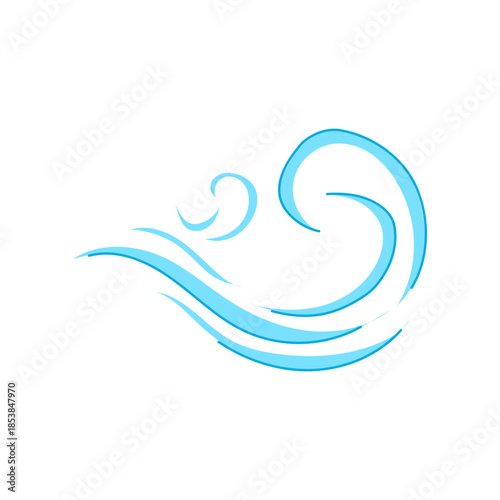 Stylized blue lines forming a wind gust illustration, representing movement, flow, fresh air, climate, energy, and the natural elements of air and weather