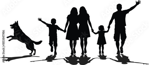 Family silhouettes, parents children dog, joyful pose, togetherness, unity, reflection art, pet love, happiness illustration, bonding design
