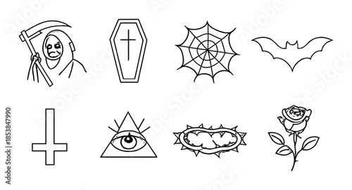 Monochrome gothic symbols: grim reaper, coffin, spider web, bat, inverted cross, eye, thorns, rose