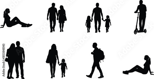 Human activity silhouette vector set, walking, sitting, scooter riding, family interaction poses, black figures in lifestyle design