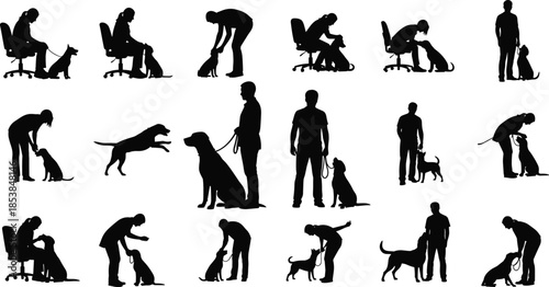 Human and dog interaction silhouette vector set, black figures training, petting, walking, bonding in obedience and companionship scenes