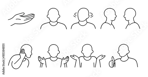 Minimalist line drawings illustrating human facial expressions and hand gestures