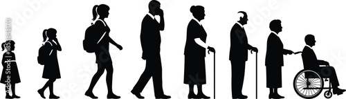 Human life cycle silhouettes, aging stages vector, childhood to elderly progression, black and white people evolution illustration set