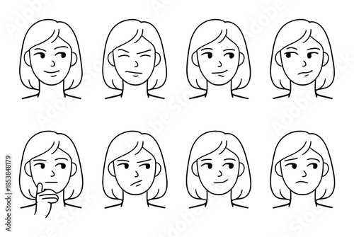 Expressions of caucasian female adult showcasing eight distinct emotions in black and white