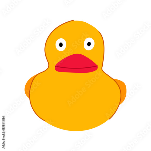 Yellow rubber duck toy with red beak and orange wings, playful bath time icon evoking childhood joy, hygiene and simple fun on a clean white background