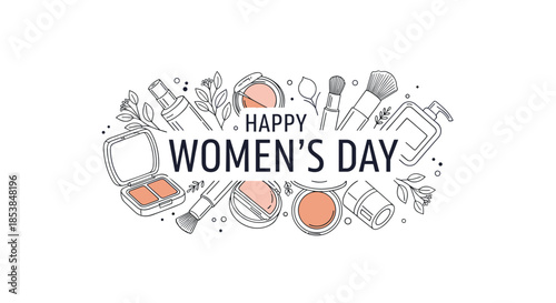 Happy Women's Day greeting design with elegant line art cosmetics and delicate floral illustrations, celebrating beauty and empowerment.