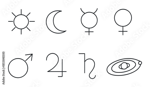 Minimalistic black and white planetary symbols on gradient background