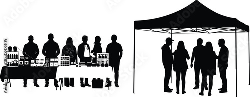 Market silhouettes, fair scene, people shopping, vendor tables, canopy tent, outdoor commerce, community gathering, trade fair, social interaction illustration