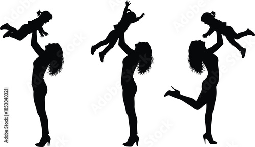 Mother lifting child silhouette vector set, black figures in joyful bonding poses for family love and affection design