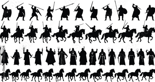 Medieval silhouettes, knights, warriors, horses, wizards, monks, fantasy characters, combat poses, medieval battle, medieval animals, medieval figures, medieval art