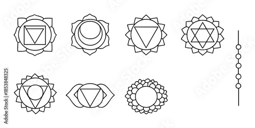 Seven chakra symbols on gradient background with energy alignment