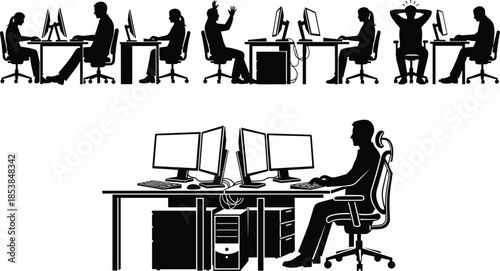 Office worker silhouette vector set, computer desk poses with multitasking and emotional reactions, black figures in workplace design