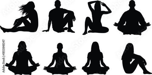 Seated and meditative posture silhouette vector set, black human figures in yoga, mindfulness, and relaxation pose design