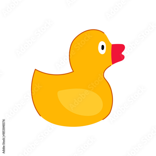 Yellow rubber duck toy with orange outline and red beak, floating in water, representing childhood, bath time fun, innocence, and playful moments on a white background
