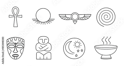 Ancient symbol set: ankh, egyptian, spiral, tribal mask, moon, steam, abstract figures