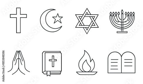 Symbols of major religions: christianity, islam, judaism and related icons