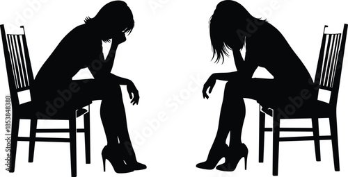 Seated introspective silhouette vector set, contemplative posture on chairs, black human figures in mirrored emotional pose design