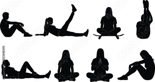 Seated and reclined posture silhouette vector set, fitness yoga meditation poses, black human figure design for wellness concepts