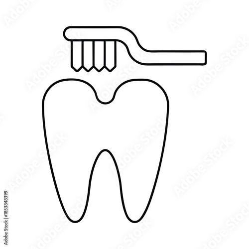 Simple black outline icon depicting a toothbrush cleaning a molar tooth for dental hygiene concepts