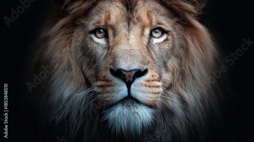 Majestic lion portrait with intense gaze against a dark background