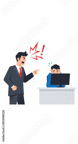 Angry boss scolding employee at desk with computer.