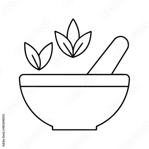 Simple black line icon representing herbal medicine preparation with mortar pestle and leaves floating above