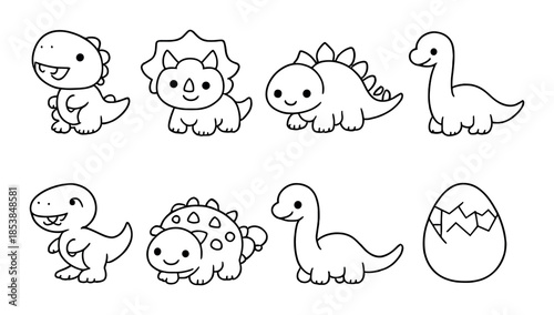 Adorable cartoon dinosaurs and egg on gray background