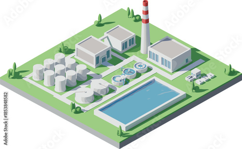 Isometric Vector Illustration of an Industrial Water Treatment Plant or Power Facility Featuring Buildings, Storage Tanks, Chimney, and Water Pool on Green Land