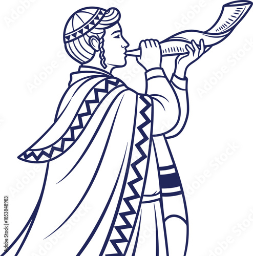Jewish Man Blowing a Shofar Outline Vector Illustration, Representing Rosh Hashanah or Yom Kippur High Holy Days, Symbolizing Call to Repentance and Spiritual Awakening.