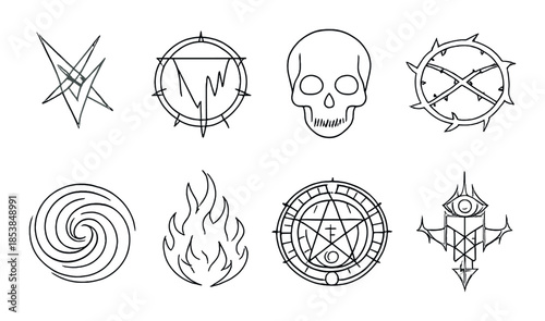 Set of eight intricate black vector symbols on textured gray background