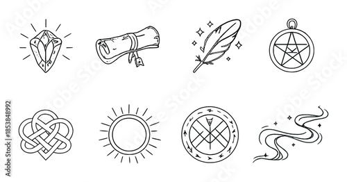 Collection of mystical symbols: crystal, scroll, feather, pentagram, knot, sun, compass, ribbons