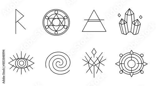 Abstract geometric symbols on metal background illustrating mystical and occult concepts