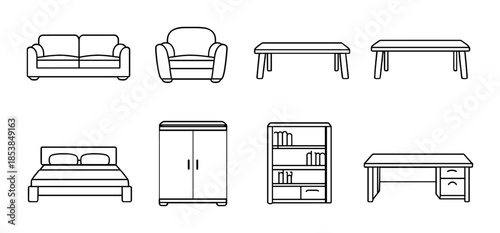 Minimalist home furniture icons: sofa, chair, tables, bed, wardrobe, shelf, desk