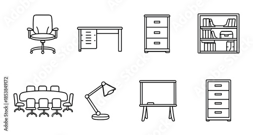 Office furniture icons: chair, desk, cabinet, bookshelf, conference table, lamp, whiteboard