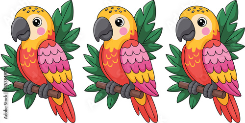 Set of cute colorful cartoon parrot characters perched on branches with tropical green leaves on white background