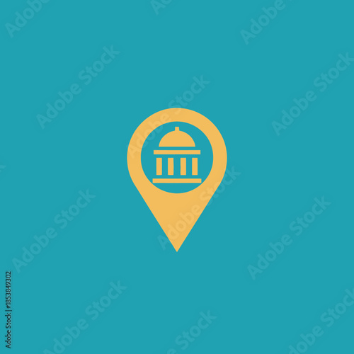 Golden Map Pin Icon with Building Symbol.