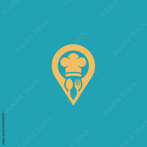 Chef Hat and Cutlery within Location Pin Icon for Restaurant Finder App.