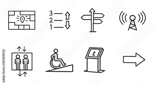 Accessibility icons: navigation, wheelchair, elevators, directions, technology symbols