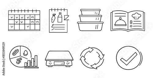 Organized home management icons: calendar, cleaning, meal prep, recycling