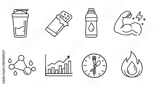 Fitness icons: nutrition, hydration, muscle, energy, and performance symbols